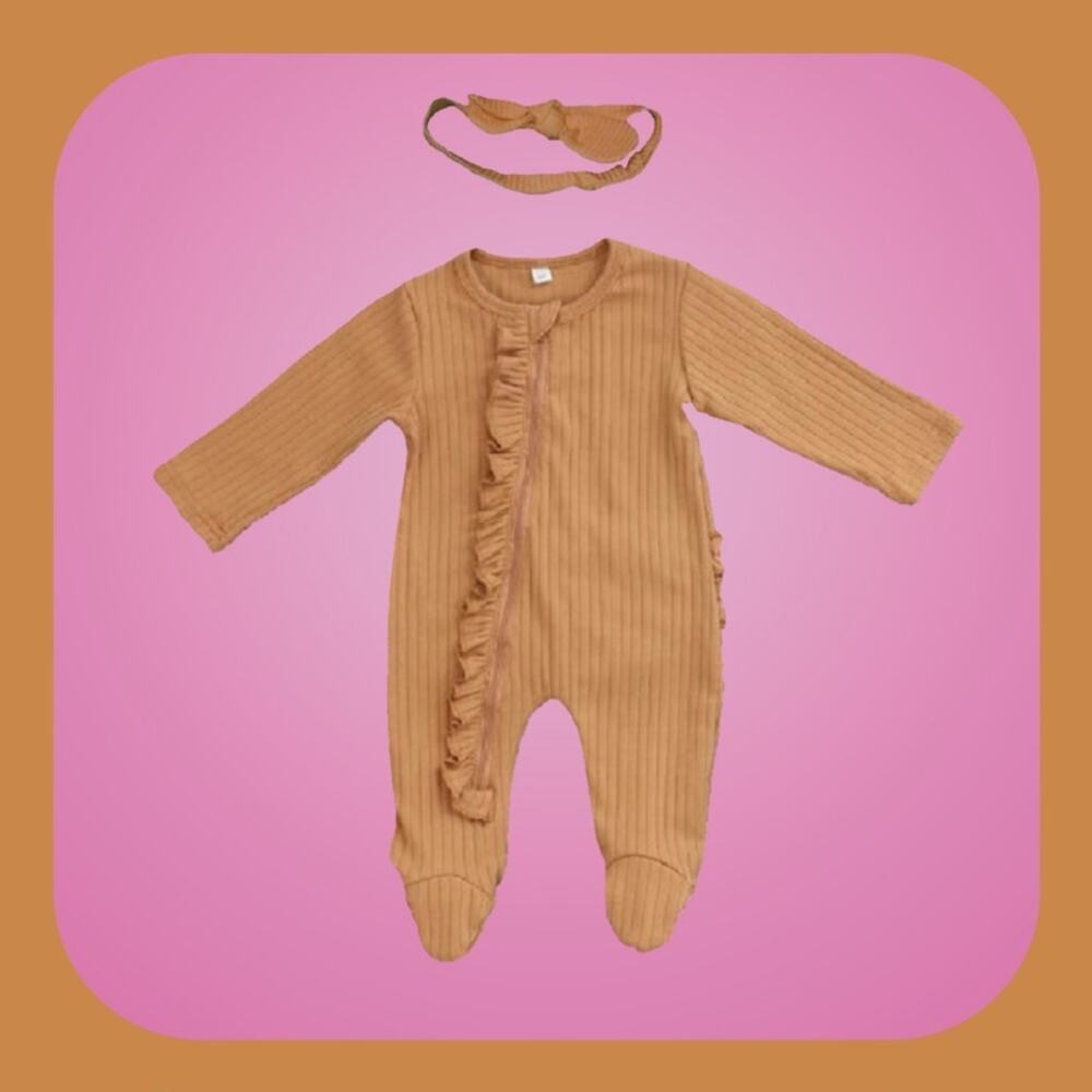 2 Piece Infant Girls Tan or Beige Ruffled Romper with Headband Set 0-3 Months